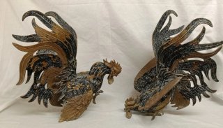 Pareja Gallos Bronce Lucha Decoración