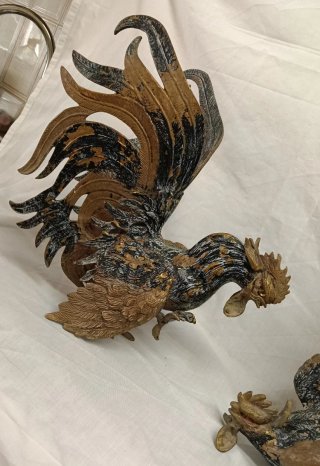 Pareja Gallos Bronce Lucha Decoración