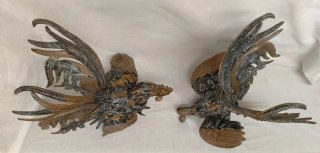 Pareja Gallos Bronce Lucha Decoración