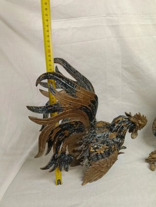 Pareja Gallos Bronce Lucha Decoración