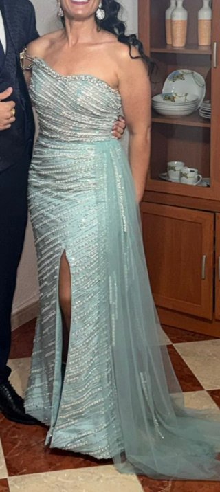 Vestido largo azul plateado para boda