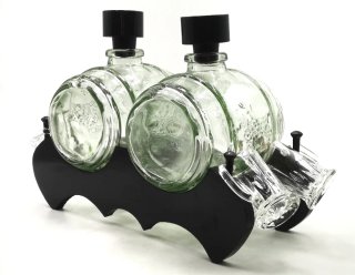 Curioso barril doble de cristal con grifo y vasos