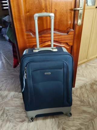 Maleta de viaje azul y gris