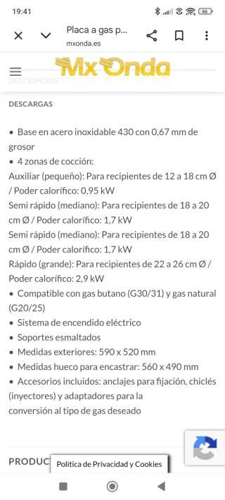 Placa de gas Mx Onda 4 fuegos
