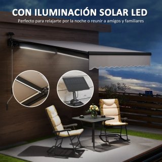Toldo retráctil manual con luces LED solares
