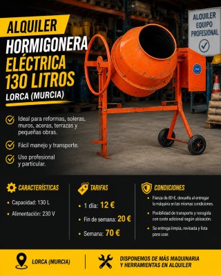 ALQUILER | Hormigonera Eléctrica 130L | Lorca