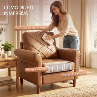 Sofá Sillón Individual PU Marrón Patas Madera
