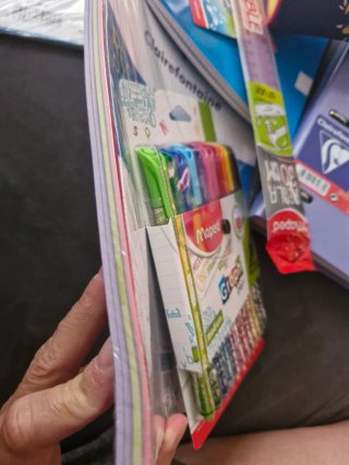 Lote material escolar: bolígrafos, rotulador, pega