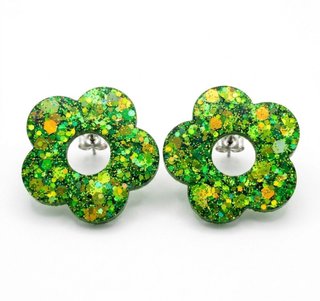 Pendientes Flor Glitter Verde y Dorado