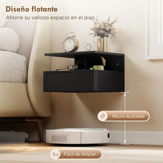 2 Mesitas Noche Flotantes Cajón Estante Negras