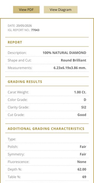 Punto de Luz Oro 18k Diamante 1.00 Ct Natural