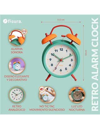 Fisura – Reloj despertador analógico multicolor sin tic-tac. Reloj despertador con luz de Led nocturna. Esfera 9 centímetros.11 -
