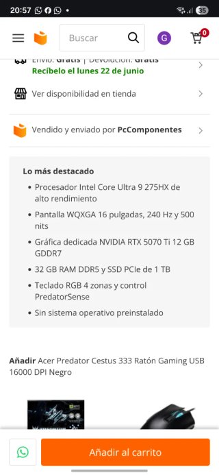 Portátil Acer Helios Neo 16 RTX 5070 Ti 240Hz