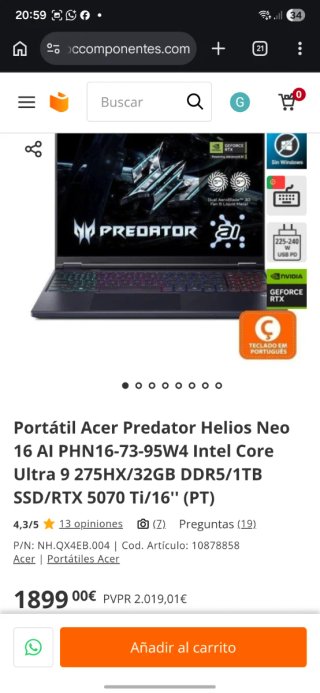 Portátil Acer Helios Neo 16 RTX 5070 Ti 240Hz