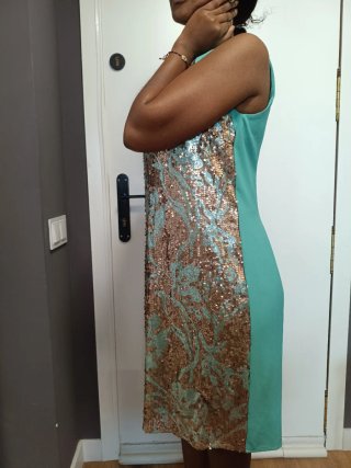 Vestido elegante lentejuelas oro y turquesa