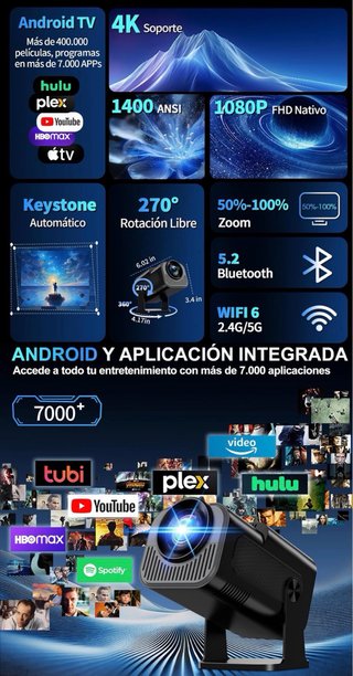 Proyector Nonete 4K 1080P WiFi 6 Bluetooth 5.2