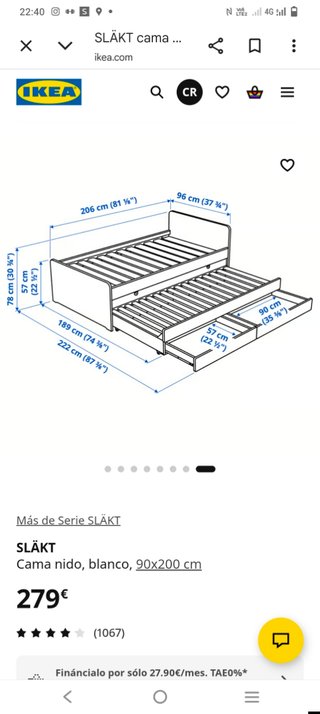 Cama nido IKEA SLAKT 90x200 color blanco