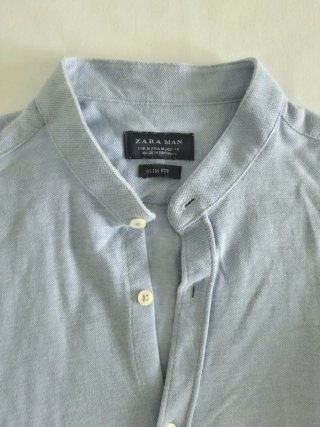 Camisa azul de algodón cuello mao | Zara Man