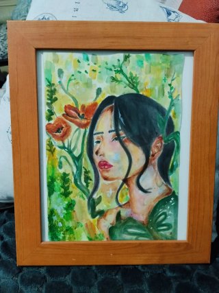 Cuadro acuarela mujer y flores