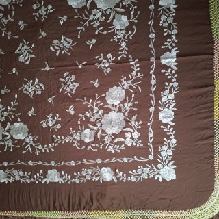 MANTÓN DE MANILA VINTAGE MARRÓN FLECOS BEIGE