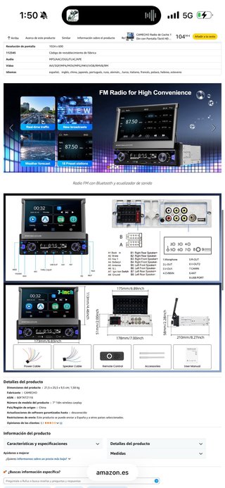 NUEVO! (105€) Radio Coche 1 Din Pantalla Táctil HD