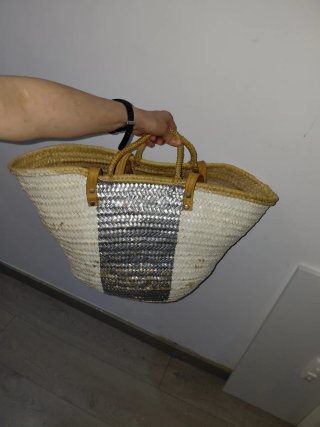 Bolso Capazo Grande Mimbre Beige y Gris