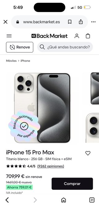 iPhone 15 Pro Max 256GB Titanio Blanco