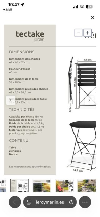 Mesa y 2 Sillas bistró FRIEDA TECTAKE Plegables