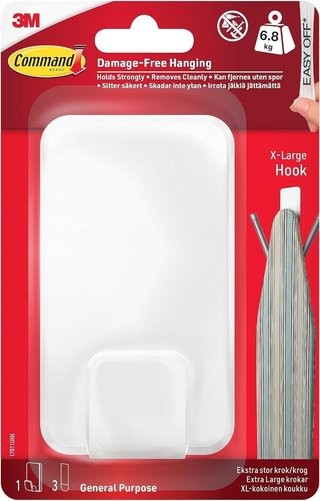 Command Gancho Utilitario, Blanco, XL para Peso Pesado, 1 Gancho + 3 Tiras Adhesivas