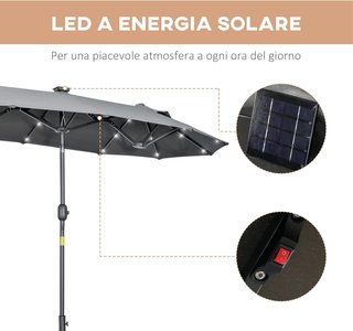Sombrilla Doble Inclinable 295X150Cm Con Manivela, Luces LED, Base Cruzada Y Ventilaciones, Sombrilla De Jardín Con 12 Varillas De Acero Y Poliéster, Para Jardín Terraza Balcón