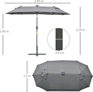 Sombrilla Doble Inclinable 295X150Cm Con Manivela, Luces LED, Base Cruzada Y Ventilaciones, Sombrilla De Jardín Con 12 Varillas De Acero Y Poliéster, Para Jardín Terraza Balcón