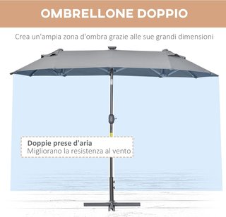 Sombrilla Doble Inclinable 295X150Cm Con Manivela, Luces LED, Base Cruzada Y Ventilaciones, Sombrilla De Jardín Con 12 Varillas De Acero Y Poliéster, Para Jardín Terraza Balcón