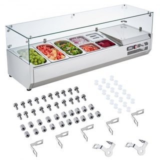 Estación de Preparación de Condimentos Refrigerada, Estación de Condimentos Refrigerada de Encimera de 150 W, con 3 Bandejas de 1/3 y 4 Bandejas de 1/6, Cuerpo de Acero Inoxidable 304 y Tapa de PC...