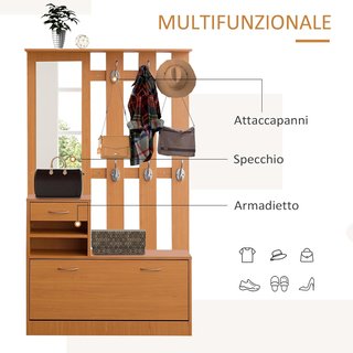 Conjunto de Muebles de Entrada Moderno con Zapatero y Espejo, Perchero de Entrada con 6 Ganchos, 2 Estantes Ajustables y Cajones de Madera para Pasillo, 90X24X166 Cm, Madera