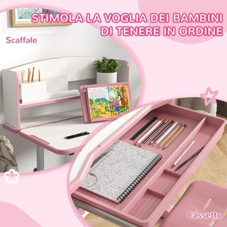 Escritorio para Niños con Silla, Set de Banco Escolar Regulable en Altura con Cajón y Tablero Inclinable, Edad 6-12 Años, Rosa