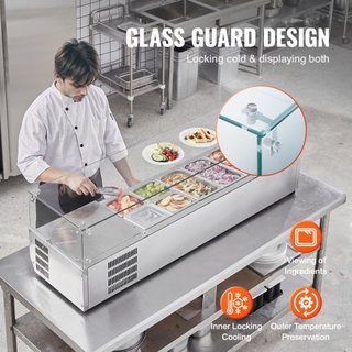 Estación de Preparación de Condimentos Refrigerada, Estación de Condimentos Refrigerada de 155 W para Encimera, con 4 Bandejas de 1/3 y 4 Bandejas de 1/6, Cuerpo de Acero Inoxidable 304 y Tapa de ...