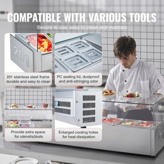 Estación de Preparación de Condimentos Refrigerada, Estación de Condimentos Refrigerada de 155 W para Encimera, con 4 Bandejas de 1/3 y 4 Bandejas de 1/6, Cuerpo de Acero Inoxidable 304 y Tapa de ...