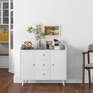 Credenza de Salón de Madera Con 3 Cajones Y 2 Armarios de 2 Niveles, Mueble de Salón Moderno Y Multiusos para Cocina, Comedor Y Entrada, 90X32X80 Cm, Blanco