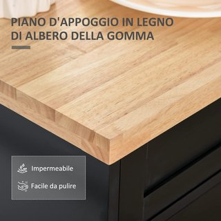Carrito De Cocina Multifuncional Con Cajón, Ruedas, Porta Especias Y Armario, Mueble De Cocina Con Estante Regulable, Porta Toallas Y Tablero De Madera De Caucho, 109X40X89 Cm, Negro