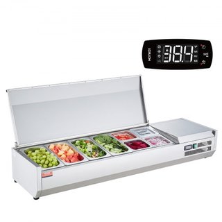 Estación de Preparación de Condimentos Refrigerada, Estación de Condimentos Refrigerada de 155 W para Encimera, con 4 Bandejas de 1/3 y 4 Bandejas de 1/6, Cuerpo de Acero Inoxidable 304 y Tapa de ...