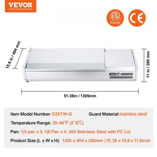 Estación de Preparación de Condimentos Refrigerada, Estación de Condimentos Refrigerada de Encimera de 150 W, con 3 Bandejas de 1/3 y 4 Bandejas de 1/6, Cuerpo de Acero Inoxidable 304 y Tapa de PC...