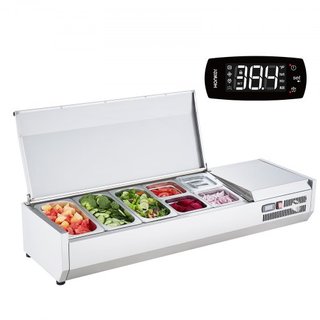 Estación de Preparación de Condimentos Refrigerada, Estación de Condimentos Refrigerada de Encimera de 150 W, con 3 Bandejas de 1/3 y 4 Bandejas de 1/6, Cuerpo de Acero Inoxidable 304 y Tapa de PC...