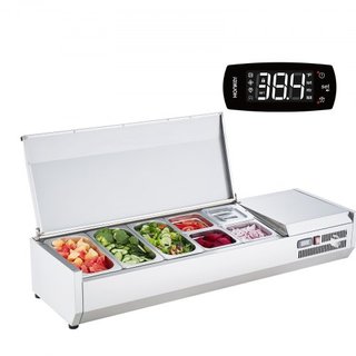 Estación de Preparación de Condimentos Refrigerada, Estación de Condimentos Refrigerada de Encimera de 150 W, con 3 Bandejas de 1/3 y 4 Bandejas de 1/6, Cuerpo de Acero Inoxidable 304 y Tapa de PC...