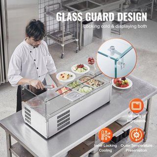 Estación de Preparación de Condimentos Refrigerada, Estación de Condimentos Refrigerada de Encimera de 140 W, con 1 Pan de 1/3 y 4 Pans de 1/6, Cuerpo de Acero Inoxidable 304 y Tapa de PC, Mesa de...