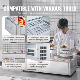Estación de Preparación de Condimentos Refrigerada, Estación de Condimentos Refrigerada de Encimera de 140 W, con 1 Pan de 1/3 y 4 Pans de 1/6, Cuerpo de Acero Inoxidable 304 y Tapa de PC, Mesa de...