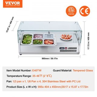 Estación de Preparación de Condimentos Refrigerada, Estación de Condimentos Refrigerada de Encimera de 140 W, con 1 Pan de 1/3 y 4 Pans de 1/6, Cuerpo de Acero Inoxidable 304 y Tapa de PC, Mesa de...