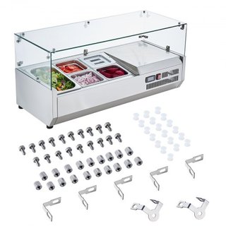 Estación de Preparación de Condimentos Refrigerada, Estación de Condimentos Refrigerada de Encimera de 140 W, con 1 Pan de 1/3 y 4 Pans de 1/6, Cuerpo de Acero Inoxidable 304 y Tapa de PC, Mesa de...