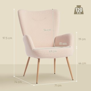 Sillón Moderno Acolchado para Sala de Estar, Sillón para Dormitorio en Tejido Sherpa con Respaldo Alto y Apoyabrazos, Sillón de Relax con Estructura de Acero para Sala de Estar, Beige