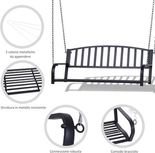 Columpio Suspendido de Jardín para 2 Personas, Bancada Romántica de Metal Negro para Exteriores, 127 X 60 X 47Cm
