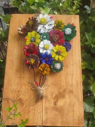 Cuadro Flores Piñas Madera Artesanal